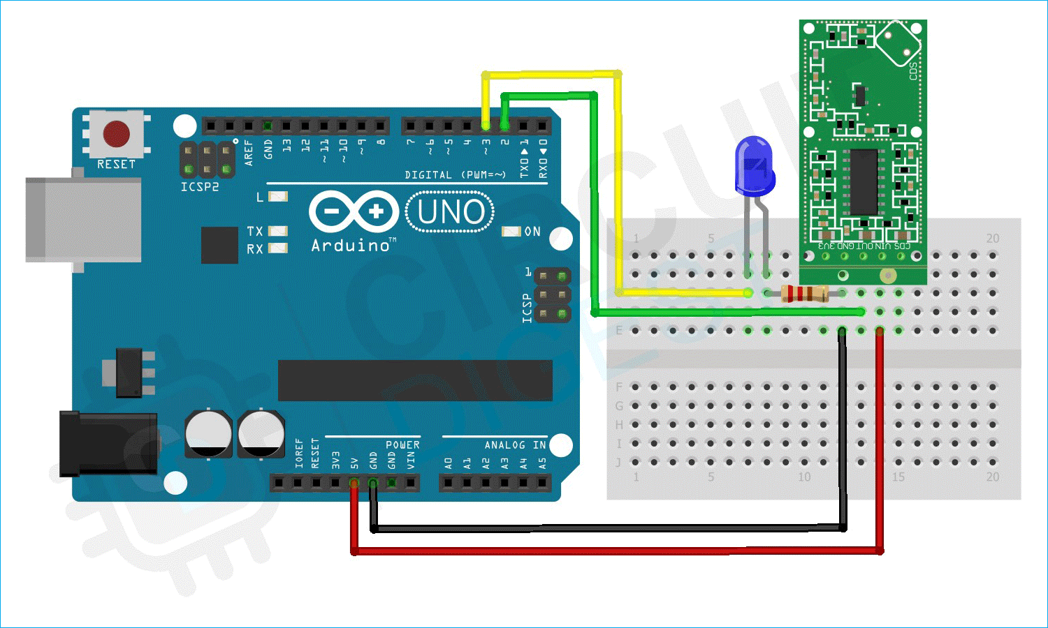 Circuit diagram for Interface RCWL 0516 Microwave Radar Sensor with Arduino