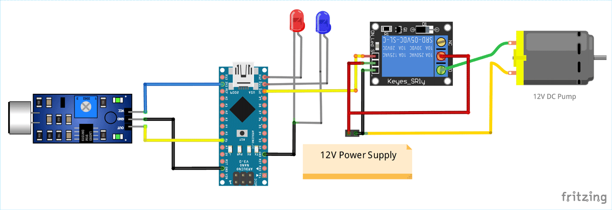 Circuit Diagram for Arduino Controlled Water Fountain using Sound Sensor