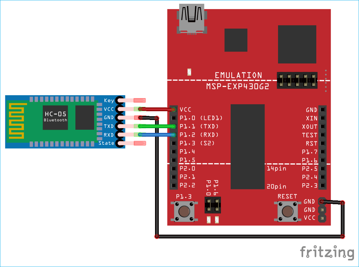 Circuit Diagram for Interfacing HC-06 Bluetooth Module with MSP430 Launchpad