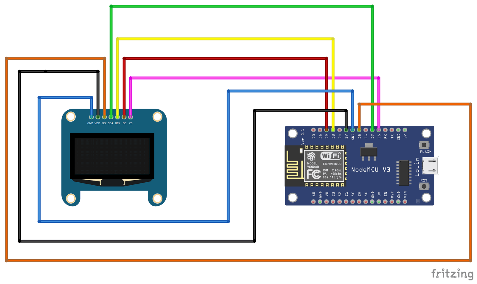 Circuit Diagram for Interfacing OLED Display with NodeMCU ESP8266