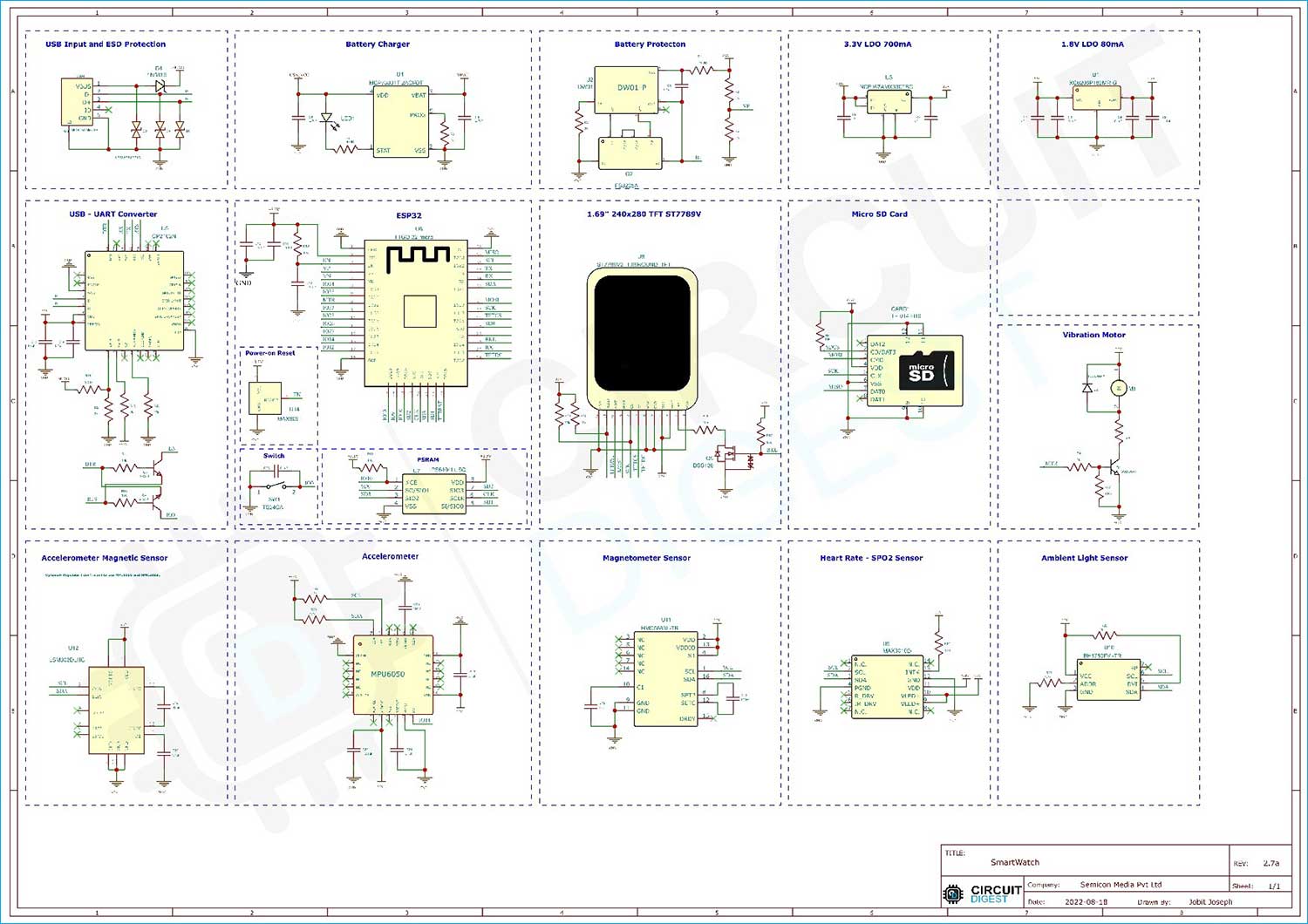 ESP32 Smart Watch Complete Circuit Diagram