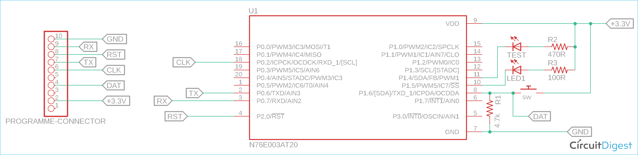 N76E003 LED and Push Button Interface Circuit