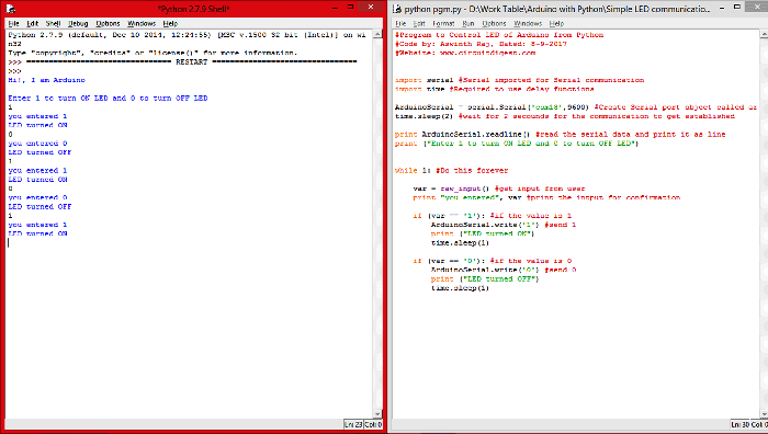 python program output for controlling LED with arduino