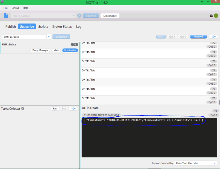 AWS MQTT screen with Data uploaded