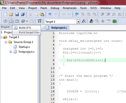 Click on build to create hex file while programming LPC2148 using Keil