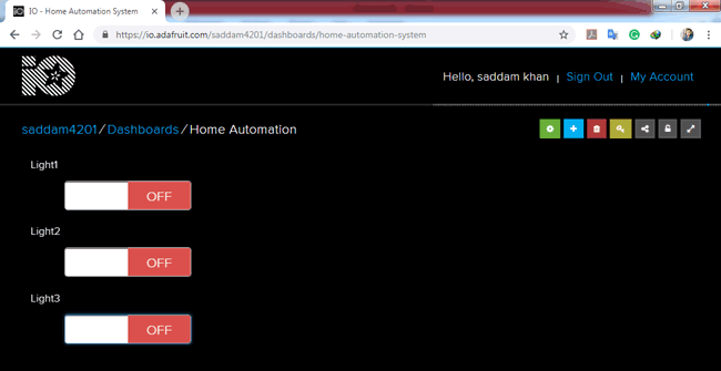 Designed GUI using Adafruit IO for IOT Home Automation