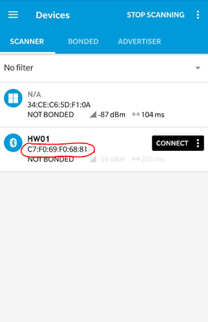 Get your Bluetooth Address of Server using nRF Connect Android App