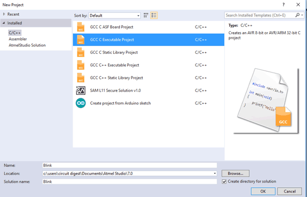 New Project on Atmel Studio 7 for Programming AVR Microcontroller Atmega16