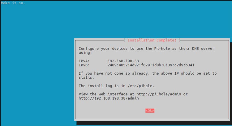 Pi-hole Installation Complete Window