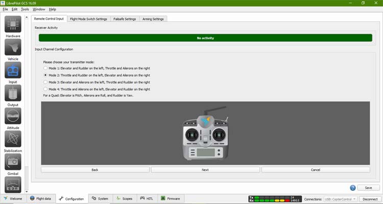 Transmitter Mode Selection on LibrePilot GCS