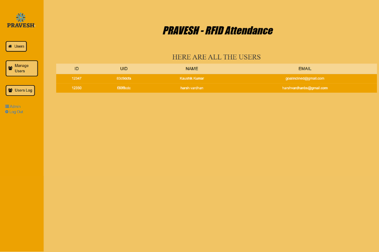 PRAVESH RFID Attendance User List